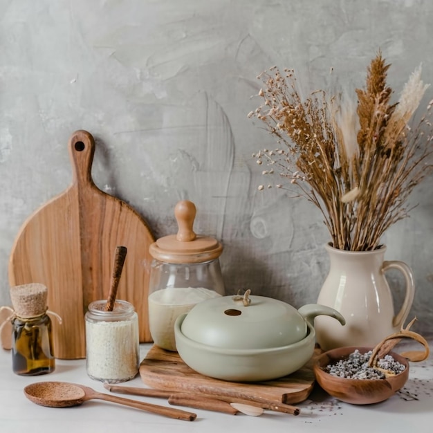 Kuchnia z kuchenką i naczyniami